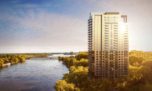 Équinoxe Lévesque condos locatifs le bâtiment au bord de la rivière